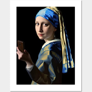 Mona Lisa as the girl with pearl earring taking a selfie Posters and Art